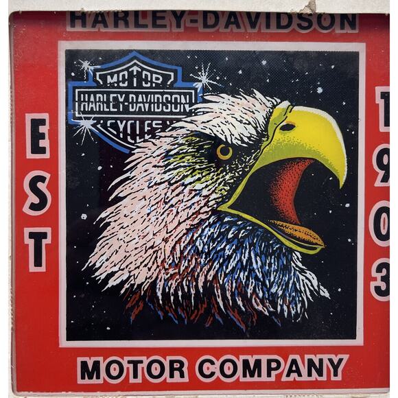 Vintage Harley Davidson Carnival Prize Glass Picture Screaming Eagle 6" X 6" - Picture 1 of 5